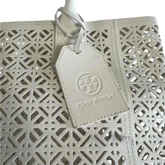 TORY BURCH White Off-White Laser Cut Designer Tote Shopper Pool Bag NWOT - Picture 3 of 13